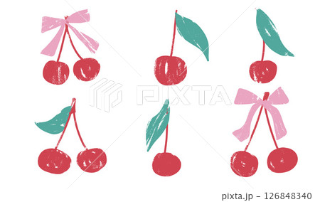 Cherry crayon drawn set. Coquette berries with bows and leaves doodle isolated on white background. Fruits grunge textured elements. Vector kid naive illustration by pencil Cherry crayon drawn set. Coquette berries with bows and leaves doodle isolated on white background. Fruits grunge textured elements. Vector kid naive illustration by pencil 126848340