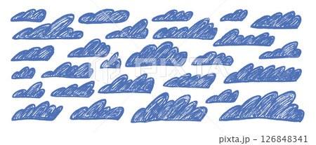Crayon clouds set. Naive hand drawn sky pack. Kids chalk textured elements. Pastel scribble cloudy weather speech bubbles. Vector blue wax pencil drawing illustration on white background 126848341