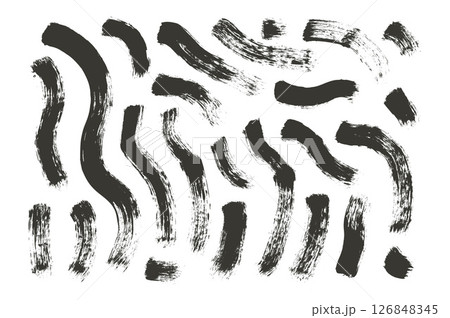 Ink wavy brush stroke lines. Hand drawn black ink vector long shapes. Paintbrush dye linear scribble elements set isolated on white background. Marker thick grunge curved strips 126848345