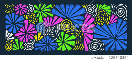 Firework highlights drawing by crayon set. Colorful night party firecrackers and splashes in scribble doodle style isolated on dark background. Carnival decoration. Vector hand drawn illustration 126848364