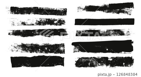 Linocut texture lines. Ink roller long stripes background. Grunge letterpress rectangle. Dry black brayer stroke isolated on white background. Painted relief stain. Vector lino abstract illustration 126848384