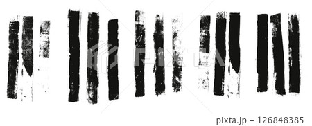 Straight thick grunge underlines. Linocut rolled brush stroke set. Handmade ink rectangle rough stamps. Vector black paint lines shapes. Dry marker or brayer smear textures Distressed vertical figures 126848385