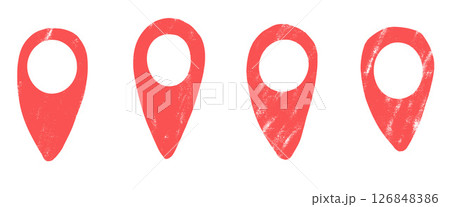Location map pin red crayon drawn set. Road pointer hand drawn grunge textured doodle isolated on white background. Travel destination elements. Vector navigation geo position illustration by pencil 126848386