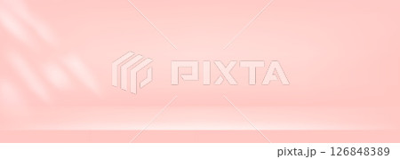 Studio pink background. Light neutral wall product room. Minimal pastel color table scene. Empty desk stage for beauty presentation with sunlight. Vector gradient illustration. Banner template 126848389