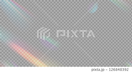 Prism light leaks texture background. Refraction burn effect. Caustic overlay frame. Blurry bright gradient. Iridescent laser beam stripes. Vector transparent decoration 126848392