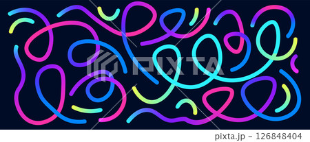Colorful gradient wavy lines set. Wave abstract long confetti shapes collection. Decorative squiggle doodles. Iridescent curved spirals elements. Vector rainbow swirls. Carnival gradations strokes 126848404