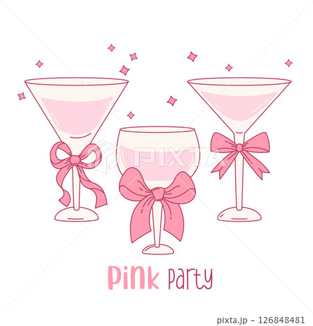 Vintage Pink Coquette Glass Drink with ribbon Bow. Aesthetic Cocktail Party. Romantic Girly Vibe. Vector illustration. Trendy Mood and drawn element 126848481