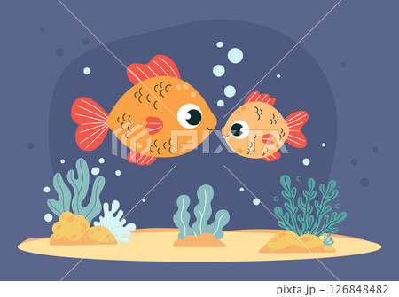 Two cute tropical fish and Sea Plants algae on sandy seabed. Funny family Big and small character animal. Underwater seascape landscape. Vector illustration. Kids collection 126848482