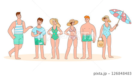 Cute Group of People Beach. Women in Swimsuits and with umbrella from sun and men in shorts and swimming trunks. Isolated male and female Character on summer vacation. Vector illustration Cute Group of People Beach. Women in Swimsuits and with umbrella from sun and men in shorts and swimming trunks. Isolated male and female Character on summer vacation. Vector illustration 126848483