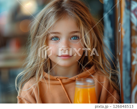 Portrait of smiling child drinking an orange juice close up Portrait of smiling child drinking an orange juice close up 126848513