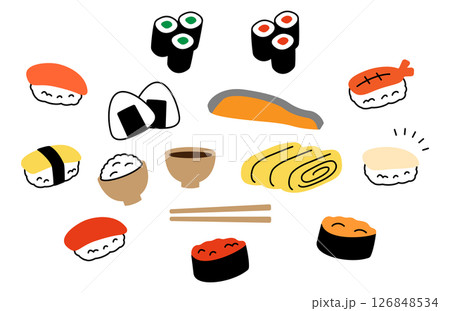 手書き風のかわいい和食セット 手書き風のかわいい和食セット 126848534