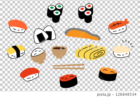 手書き風のかわいい和食セット 手書き風のかわいい和食セット 126848534