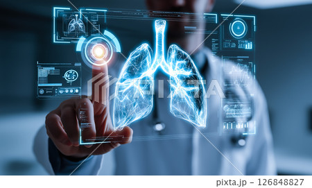 A doctor carefully examines a virtual lung x-ray projection with focused attention. The integration of advanced technology in medical diagnostics. Generative AI. 126848827