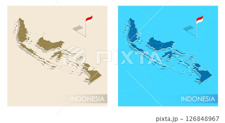 Indonesian country flag installed on geographic positioning map point of country territory. Indonesia commonwealth banner on land and sea. Festive patriotic HD format template for independence day 126848967