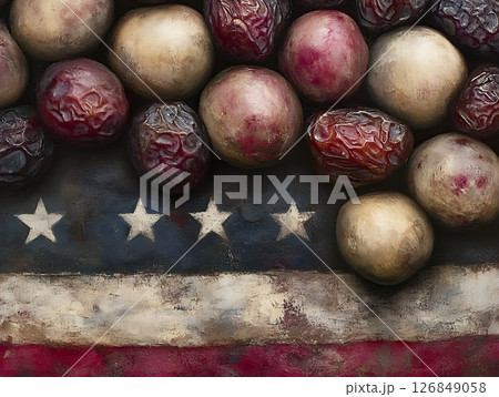 Patriotic Fruit Still Life American Flag Background Red Beige art food tone form dates plums stars 126849058