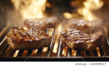Delicious Grilled Pork Chops Sizzling on Hot BBQ Grill Summer Food meat fire meal steak lunch taste 126849077
