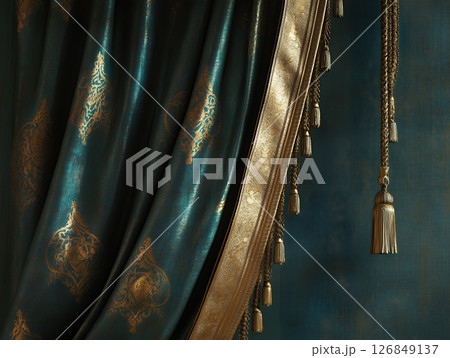 Elegant Teal Gold Damask Curtain Fabric Texture Design Background art rich silk home room royal 126849137