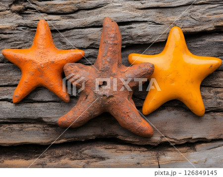 Orange and Yellow Starfish on Rustic Wooden Background Summer Decor up sea art life ocean beach 126849145