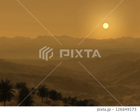 Golden Desert Sunset Landscape Panoramic View Scenic Mountains Palm Trees sky art dry heat arid sand Golden Desert Sunset Landscape Panoramic View Scenic Mountains Palm Trees sky art dry heat arid sand 126849173