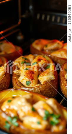 Delicious baked potatoes stuffed with tender chicken and herbs in a warm kitchen setting Delicious baked potatoes stuffed with tender chicken and herbs in a warm kitchen setting 126849365