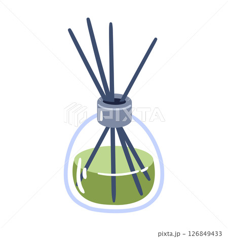 Natural aromatherapy reed diffuser with green essential oil in clear glass bottle. Hand drawn vector illustration. 126849433
