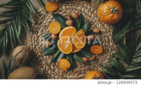 Vibrant Orange Slices Tropical Nuts Natural Food Styling Flatlay Photography ripe fresh fruit image 126849573