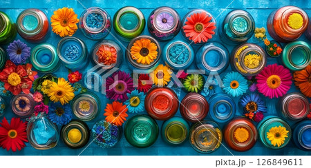 Vibrant Floral Arrangement Colorful Jars Summer Flowers Blue Background Decorative Design Pretty Vibrant Floral Arrangement Colorful Jars Summer Flowers Blue Background Decorative Design Pretty 126849611