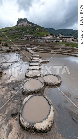 Ancient Stone Path Rice Terraces Mountain Village Scenic View sky mud wet asia grey calm china rural 126849776