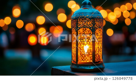 Ornate Metal Lantern Warm Candlelight Night Festive Decor Eid dark home mood blue bokeh event image 126849778