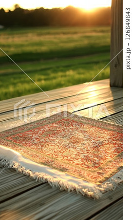 Serene Sunset Prayer Rug Outdoors Peaceful Landscape Golden Hour mat red art calm wood deck home 126849843