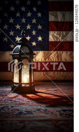 Ornate Metal Lantern American Flag Background Festive Ramadan red rug art blue dark warm mood light 126849876