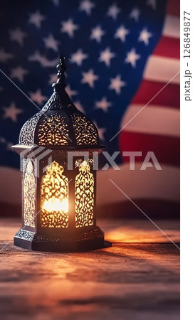 Illuminated Moroccan Lantern American Flag Background Festive eid warm dark hope life light metal 126849877