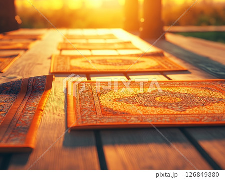 Golden Hour Sunset Outdoor Table Decor Elegant Rugs Warm Tones Peaceful Atmosphere Summer Evening 126849880