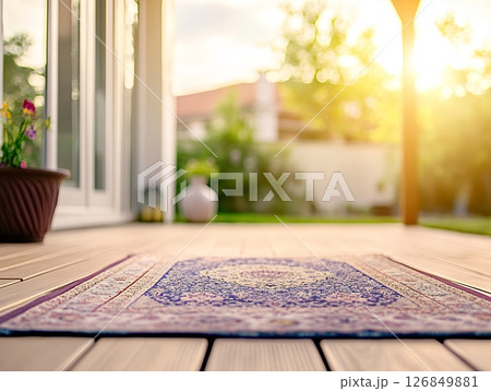 Peaceful Outdoor Prayer Rug Summer Sunlit Patio mat day home calm deck decor image islam faith scene 126849881