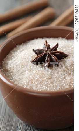 Brown Sugar Bowl Star Anise Cinnamon Sticks Sweet Baking Ingredient up food life warm cozy close 126849896