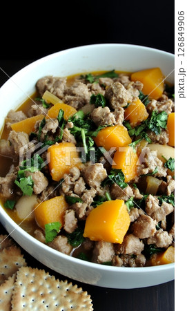 Savory Ground Pork Stew Autumn Butternut Squash Recipe Delicious eat food meal meat bowl fall warm Savory Ground Pork Stew Autumn Butternut Squash Recipe Delicious eat food meal meat bowl fall warm 126849906