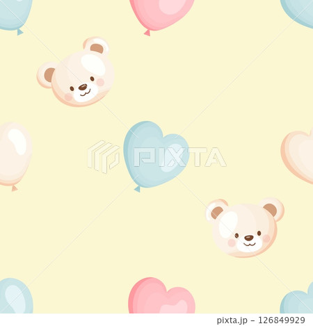 Cute teddy bear and heart balloon seamless pattern 126849929