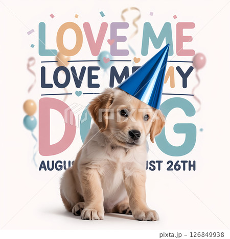 National Dog Day (Aug 26), golden retriever puppy wearing party hat in pastel minimalistic illustration style National Dog Day (Aug 26), golden retriever puppy wearing party hat in pastel minimalistic illustration style 126849938