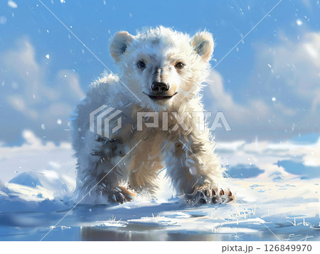 A playful and endearing polar bear cub. clean and bright white snowfield background. AI Generated. A playful and endearing polar bear cub. clean and bright white snowfield background. AI Generated. 126849970