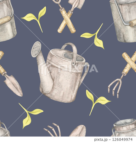 Watering cans, tools and leaf sprouts in watercolor clipart on a dark blue background. Gardening seamless pattern illustration for botanical fabric prints, digital wallpapers, or custom garden bags Watering cans, tools and leaf sprouts in watercolor clipart on a dark blue background. Gardening seamless pattern illustration for botanical fabric prints, digital wallpapers, or custom garden bags 126849974