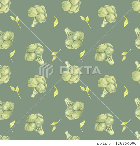 Green broccoli watercolor illustration on olive green background in a seamless pattern. Garden vegetable clipart for menu decoration, reusable bags, sustainable packaging, and kitchen fabric 126850006
