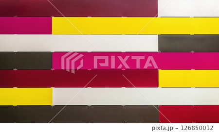 Colored background of colorful panels. Horizontal plastic planks painted with bright multi-colored paints. Abstract bright festive background 126850012