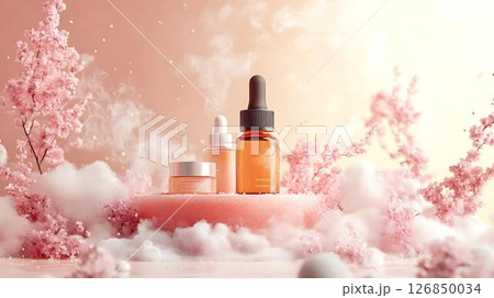 Pastel background 3D mockup of a beauty-themed poster with abstract makeup brush strokes, surrounded by floating bath bombs and sparkles Beauty and Skincare Print Themes Home Decor Posters with Dreamy 126850034