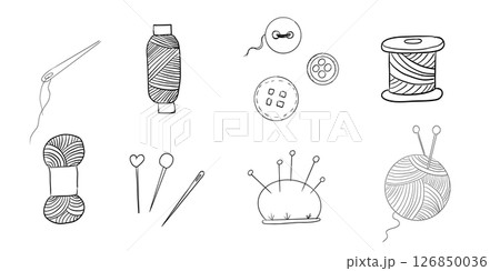 Sewing set with thread, needle buttons doodle hand drawn. Handmade crafts embroidery collection. Vintage tailor kit. Sewing accessories 126850036