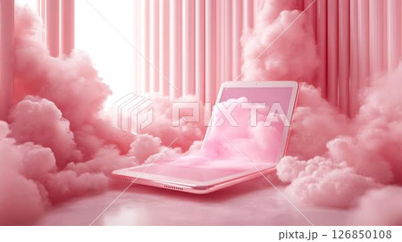 Pastel background 3D mockup of an iPad placed next to ceramic vases and a glowing scented candle, surrounded by floating sparkles Beauty-Themed Digital Sketch or Planning Devices Home Decor	 126850108