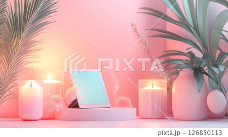 Pastel background 3D mockup of an iPad placed next to ceramic vases and a glowing scented candle, surrounded by floating sparkles Beauty-Themed Digital Sketch or Planning Devices Home Decor	 126850113