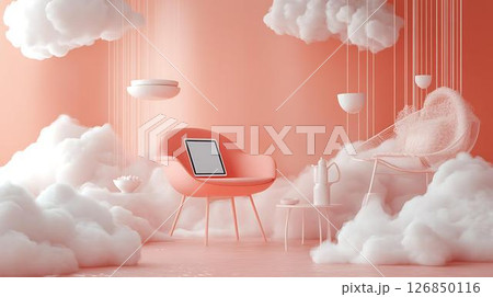 Pastel background 3D mockup of an iPad placed next to ceramic vases and a glowing scented candle, surrounded by floating sparkles Beauty-Themed Digital Sketch or Planning Devices Home Decor	 126850116