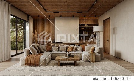 Contemporary loft interior with sofa with pillows carpet, wood wall panels and ceiling, coffee table, floor lamp and decor. 3d render illustration mockup. Contemporary loft interior with sofa with pillows carpet, wood wall panels and ceiling, coffee table, floor lamp and decor. 3d render illustration mockup. 126850119