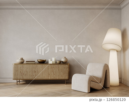 Classic interior with dresser, armchair, floor lamp, chevron floor and blank wall. 3d render illustration mockup. 126850120