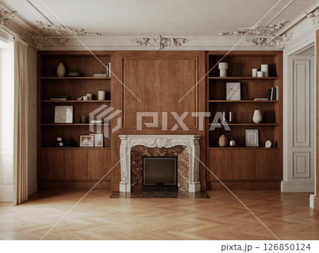 Classic empty interior with fireplace, brown wood cabinet, shelves and decor. 3d render illustration mockup. 126850124
